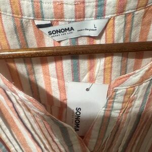 Sonoma Striped Button-Up Mini Dress in Coral, Teal, Yellow, and White